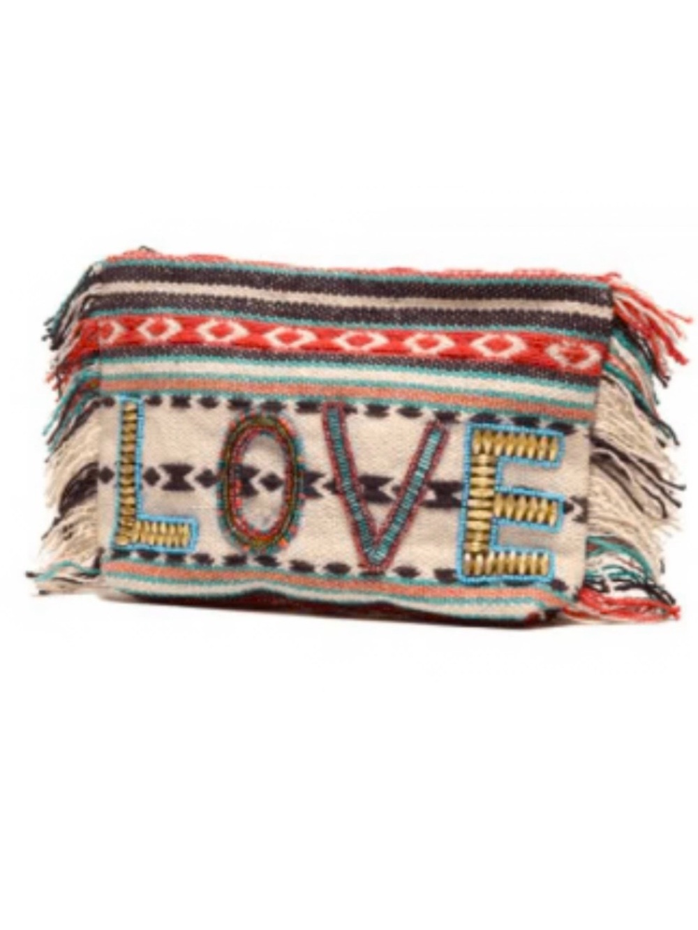 Alé by Alessandria Fringed Embroidered 'LOVE' Clutch Purse in Multicolor